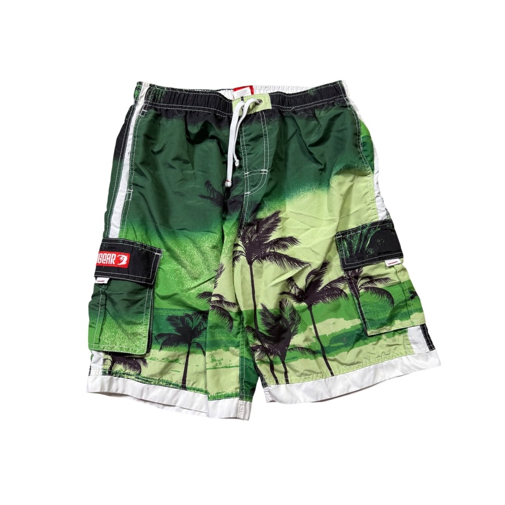 Y2K InGear Boys Tropical‎ Palm Tree Board Shorts Green Cargo Swim Trunks